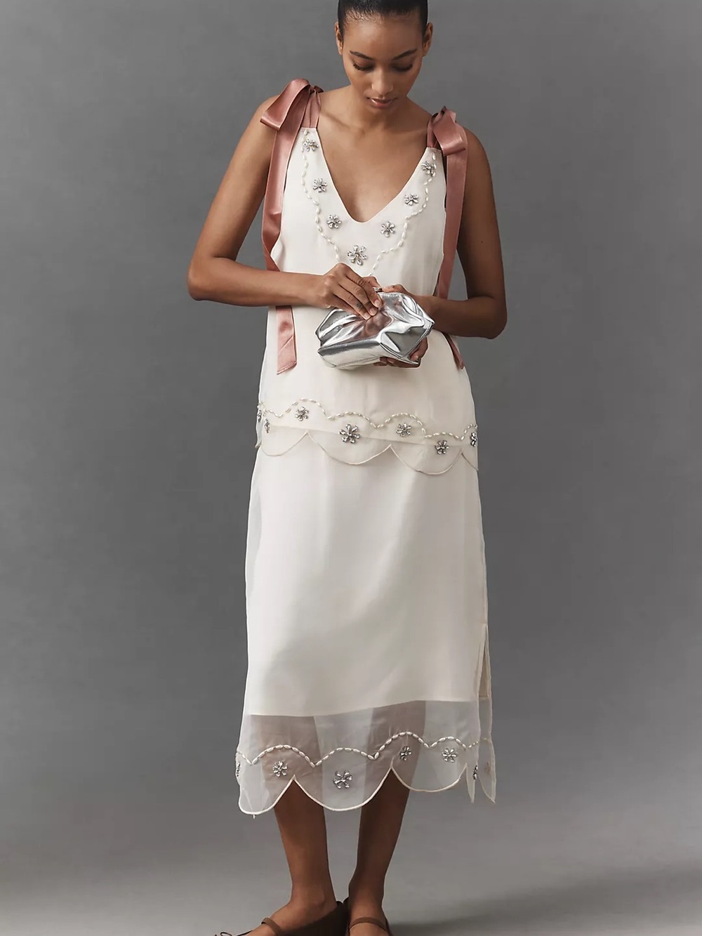 Anthropologie Cream Embellished Slip Dress with Dusty Rose Shoulder Ties